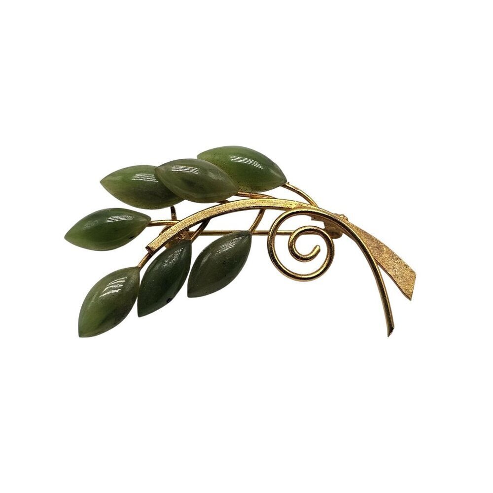 Vintage Green Jade Gold Tone Leaf Flower Brooch Pin